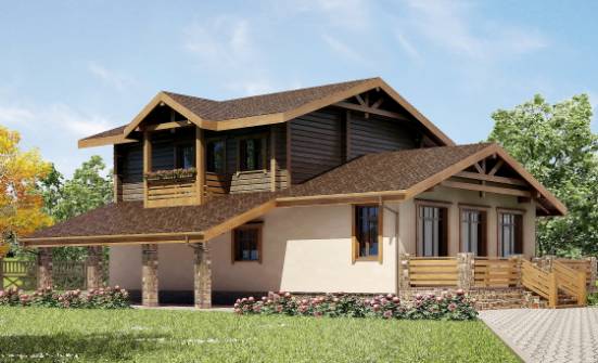 170-004-П Проект двухэтажного дома с мансардой и гаражом, уютный дом из поризованных блоков из бревен Владикавказ | Проекты домов от House Expert
