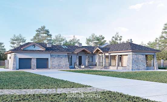 280-004-Л Проект одноэтажного дома и гаражом, современный дом из бризолита Владикавказ | Проекты домов от House Expert
